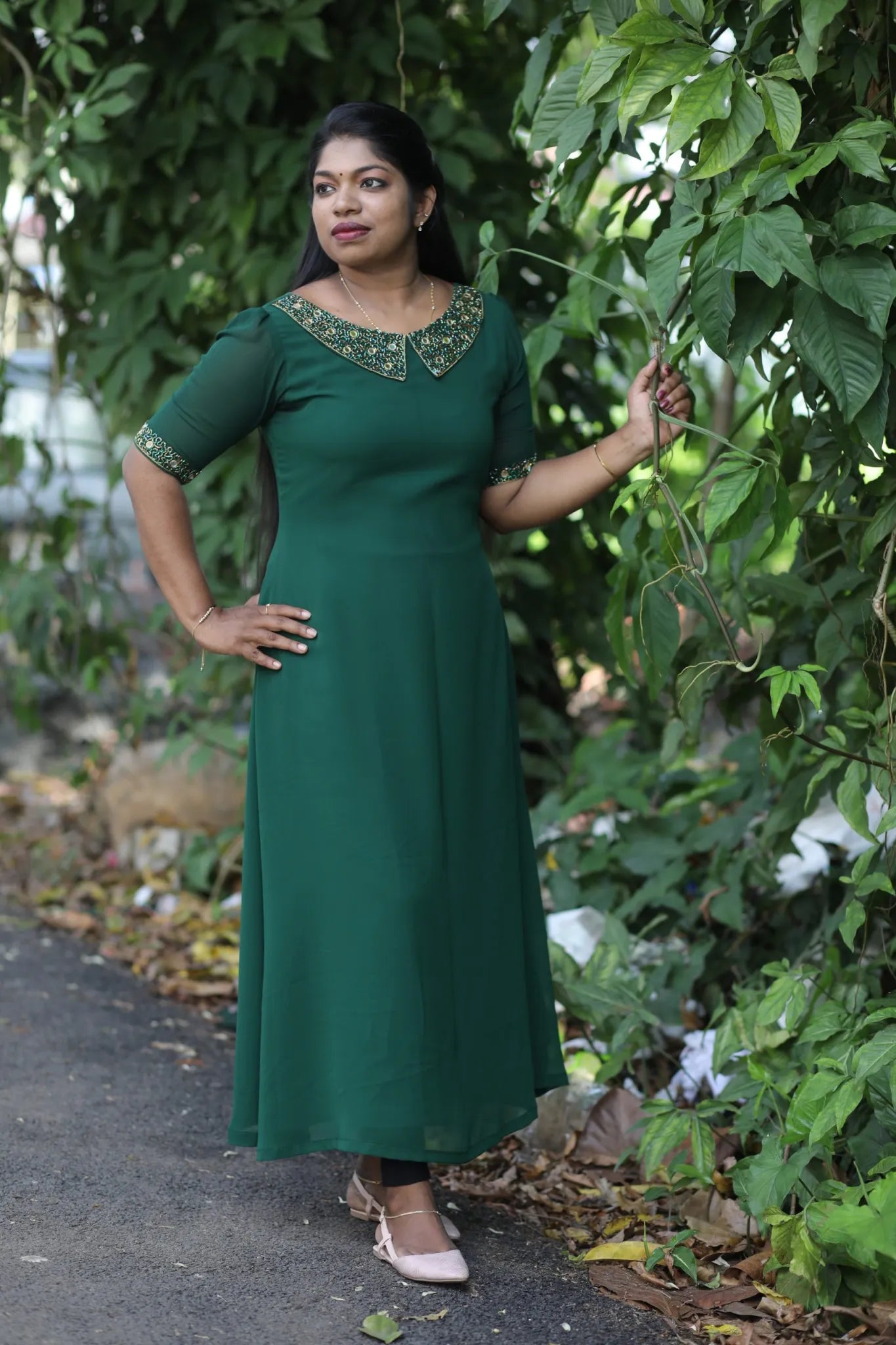 A LINE KURTI-PETER PAN COLLAR-BOTTLE GREEN