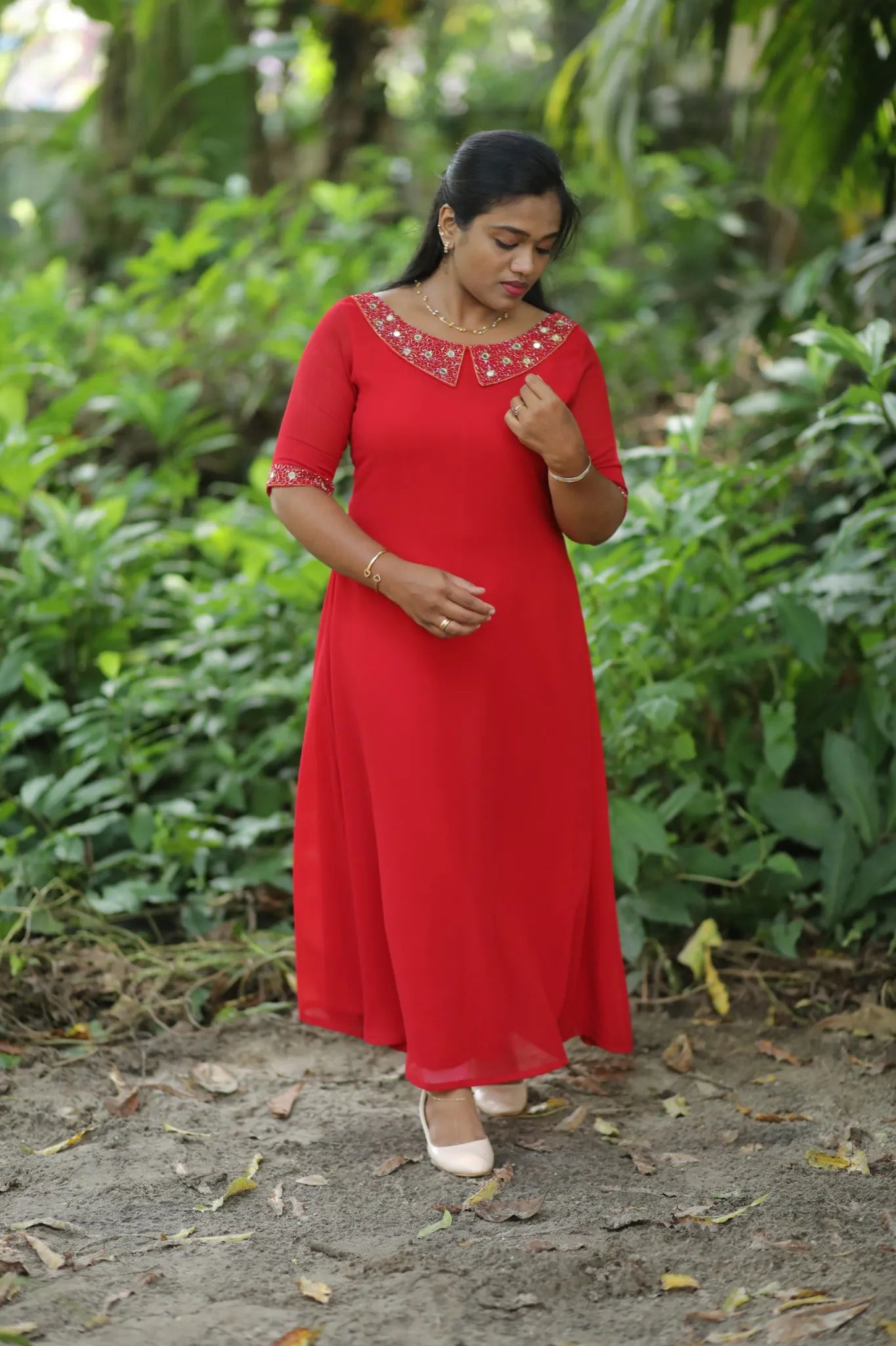 A LINE KURTI-PETER PAN COLLAR-RED