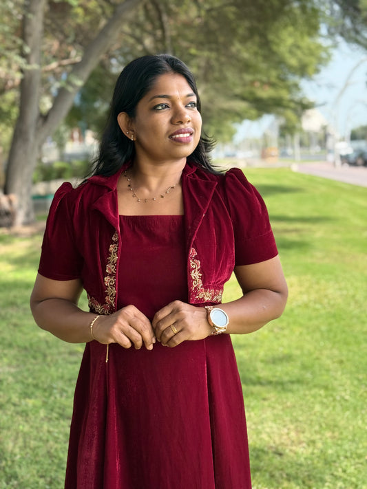 Red Velvet Frock with Handworked Shrug