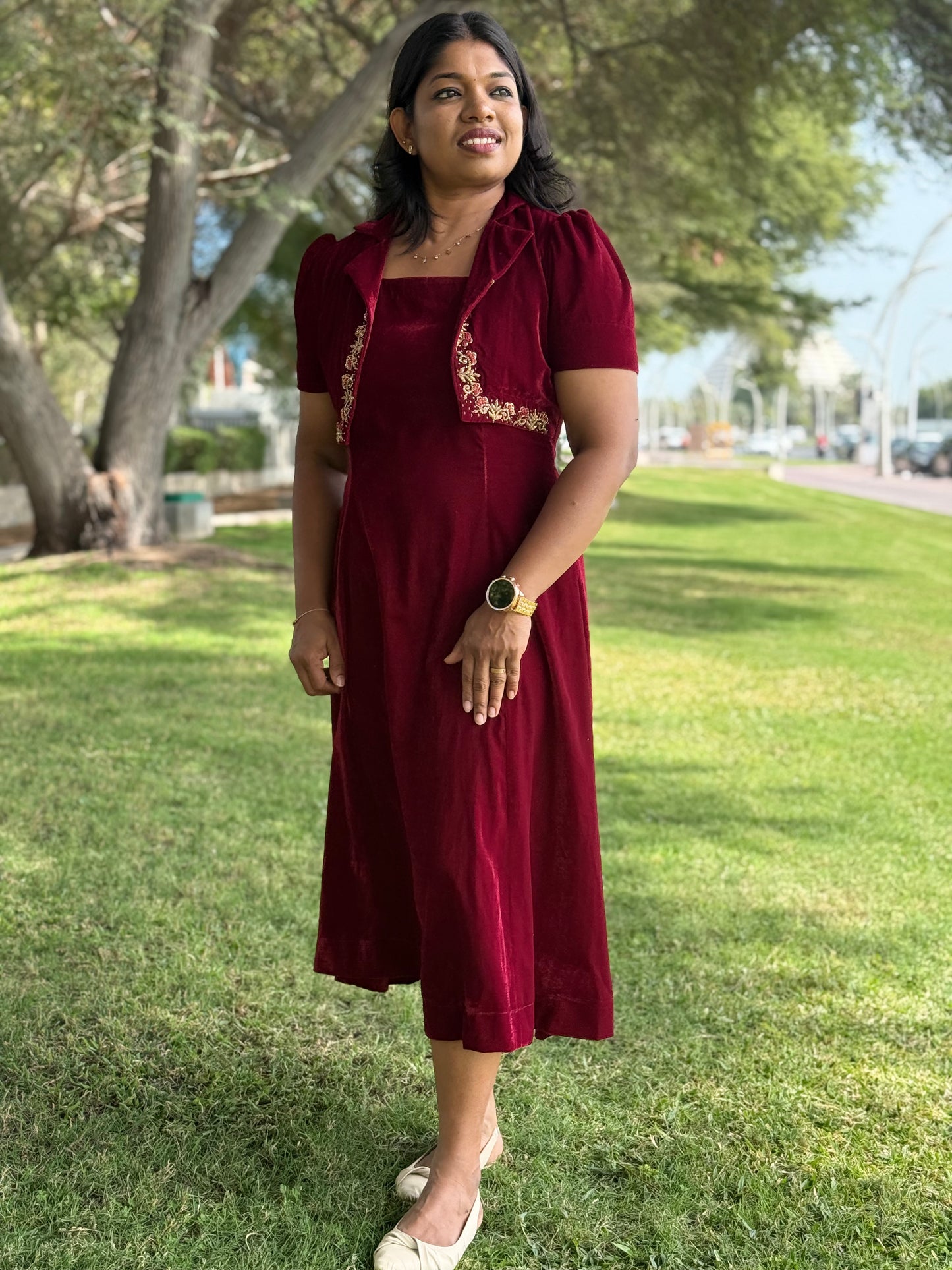 Red Velvet Frock with Handworked Shrug