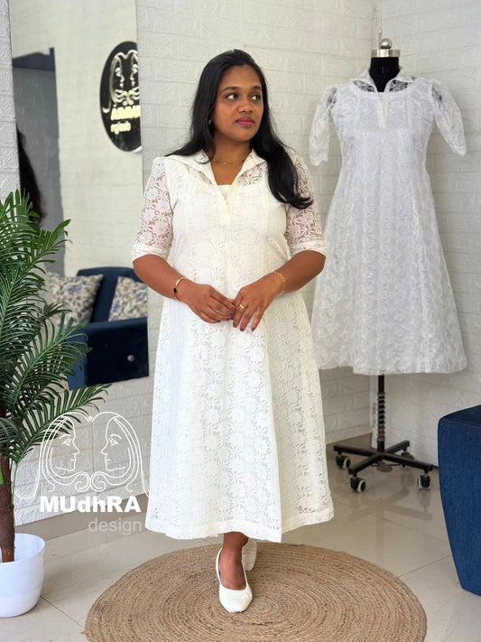 6 panel Collar Frock-White-Christmas