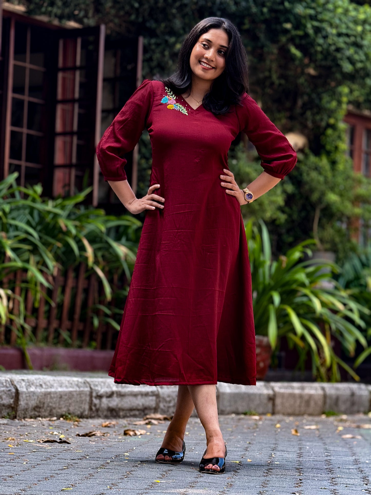 A Line Handworked frock | Maroon