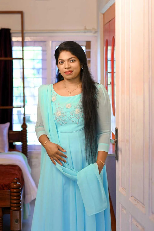 12 PANEL KURTI WITH DUPATTA-LIGHT SKYBLUE