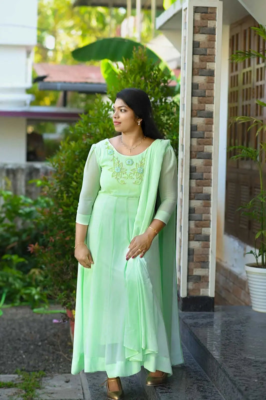 12 PANEL KURTI WITH DUPATTA-LIGHT GREEN
