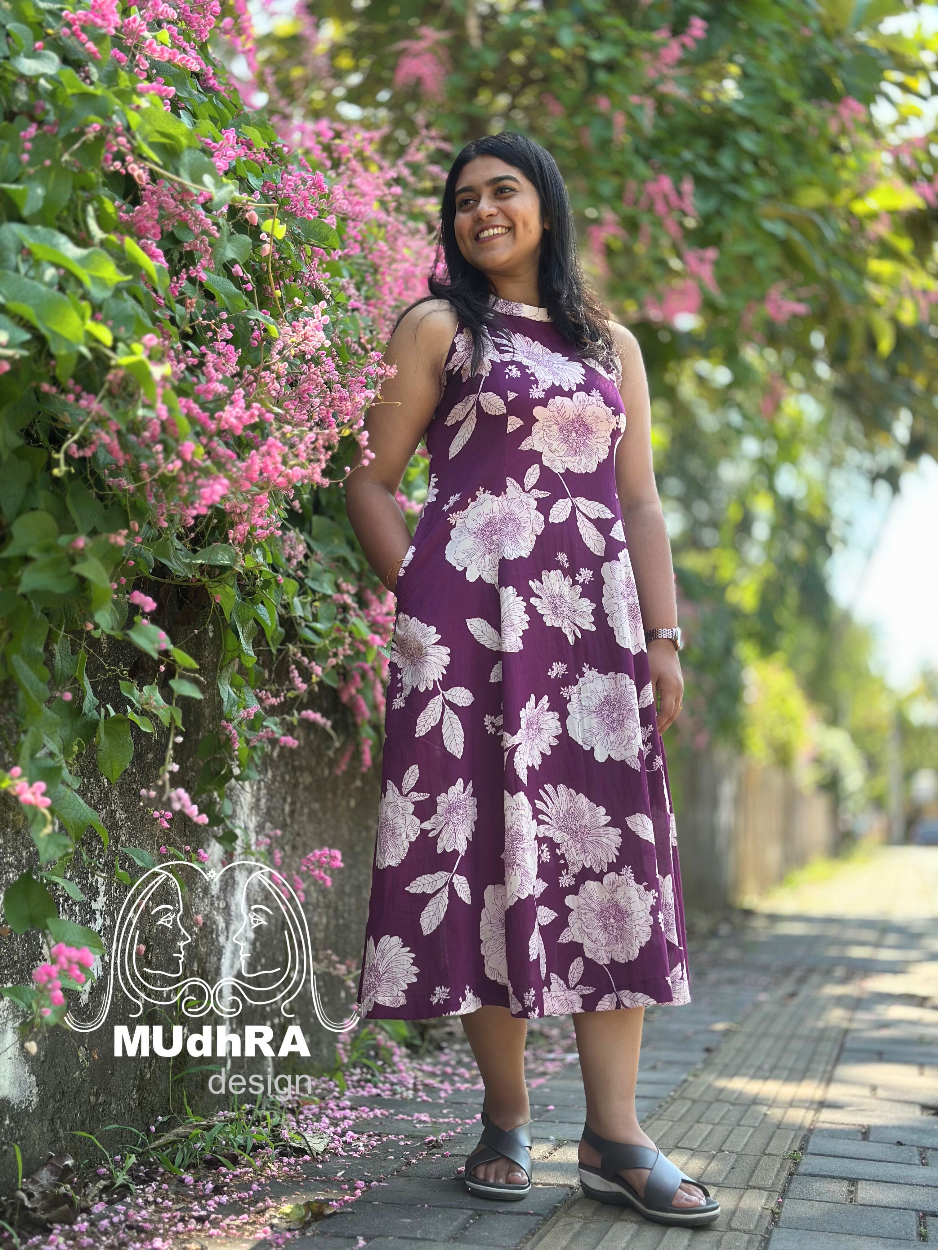 Wine Purple Cotton Frock - 6 Panel Sleeveless with Floral Pattern ...