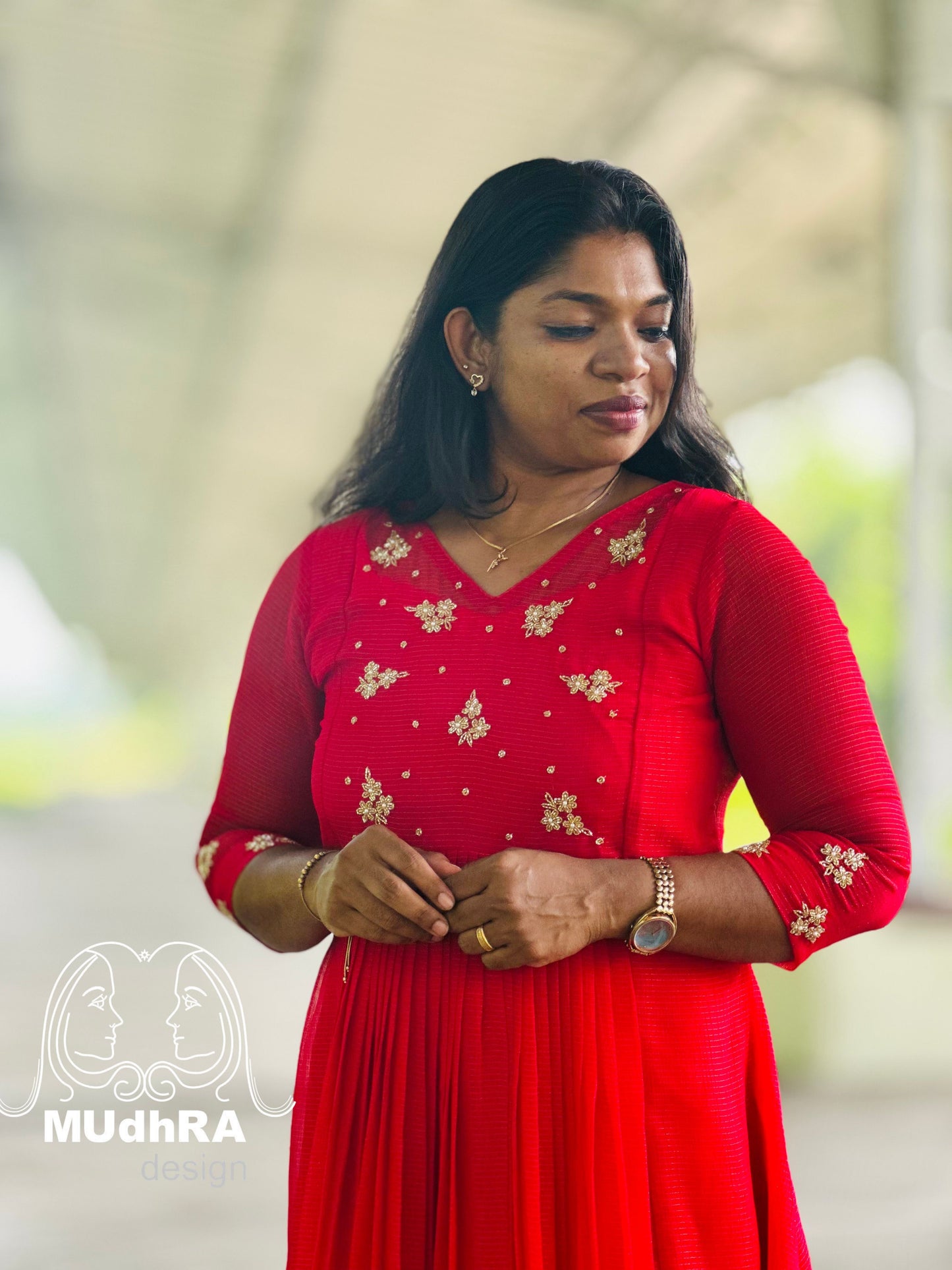 Aline Kurti with Gathers-Christmas-Red