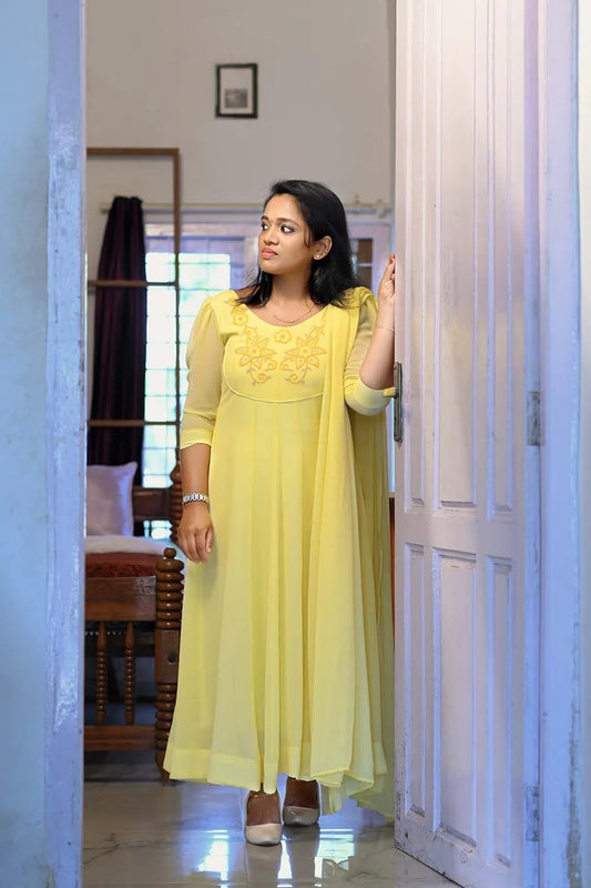 12 PANEL KURTI WITH DUPATTA-LIGHT YELLOW