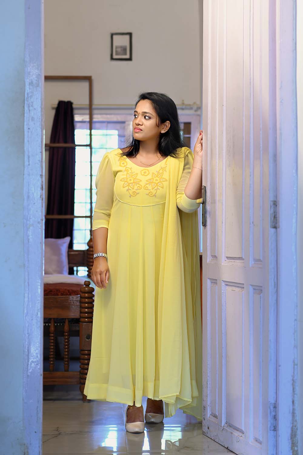 Pale yellow chanderi readymade suit,3/4th sleeve embroidered chinese collar  top, straight cut pants & plain dupatta